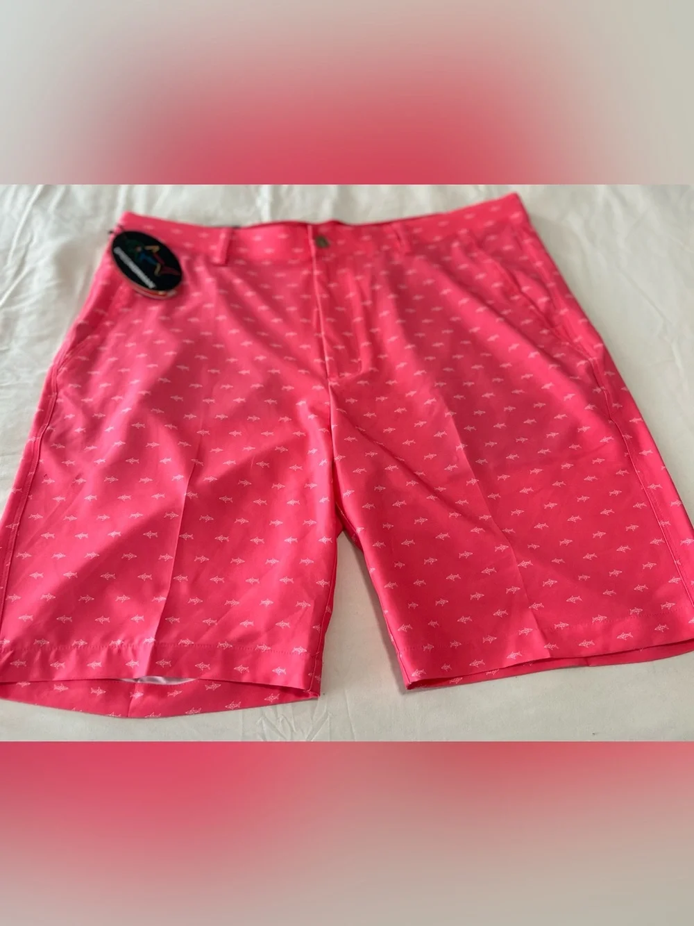 NWT Greg Norman Golf Shorts Men’s  36 Coral Pink AOP Shark Print Stretch